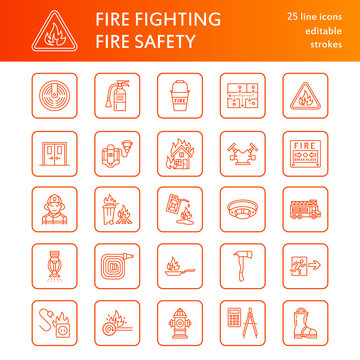 Firefighting, fire safety equipment flat line icons. Firefighter, fire engine extinguisher, smoke detector, house, danger signs, firehose. Flame protection thin linear pictogram.