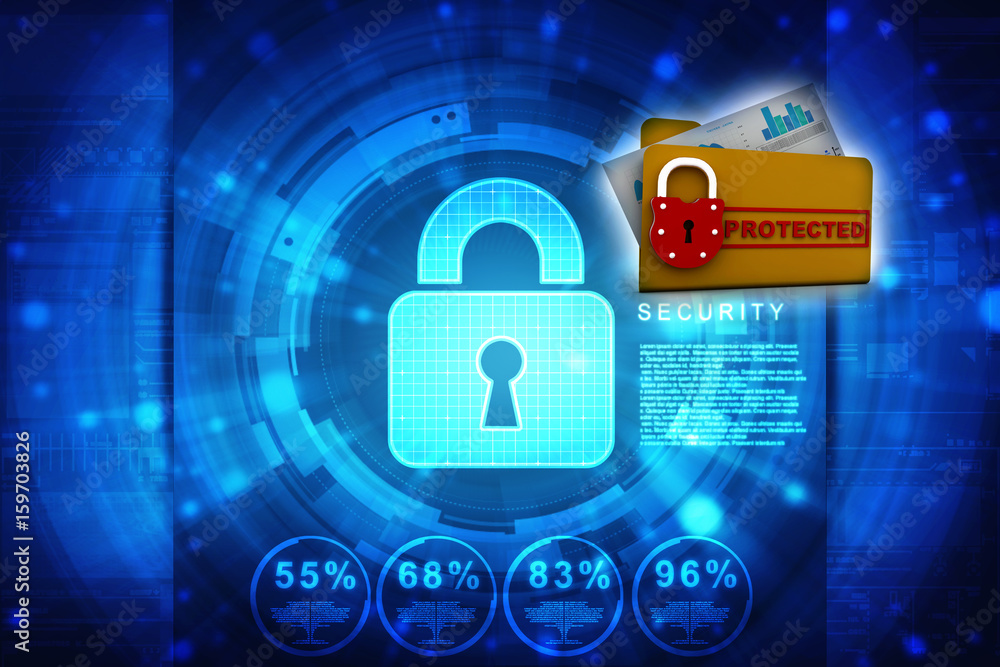 Poster yellow folder and lock. data security concept. 3d rendering