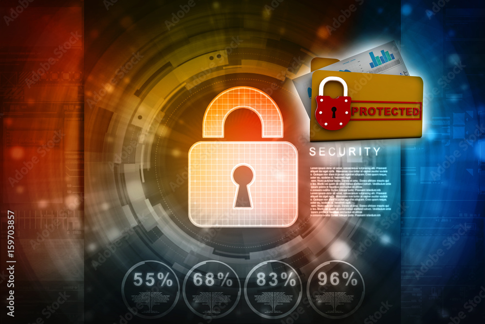Poster yellow folder and lock. data security concept. 3d rendering