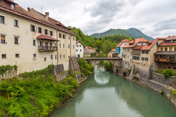 The Cappuchin Bridge crossing it is the oldest preserved bridge in Slovenia. The Selca Sora river in Skofja Loka. Slovenia.