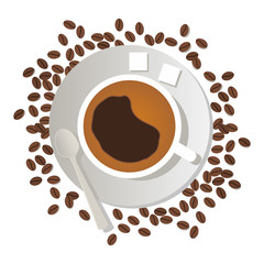 Coffee cup with lumpy sugar and a spoon on a saucer and coffee beans in flat style vector.Design element for leaflets and banners of cafe and restaurants.