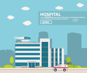 City hospital building with ambulance flat style and the car and the helicopter of medical care.City landscape with silhouettes of skyscrapers and the building of the medical center