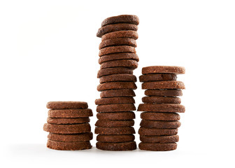 Tower of chocolate butter cookies brownie isolated on white background
