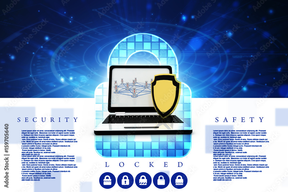 Poster 3d rendering laptop with shield