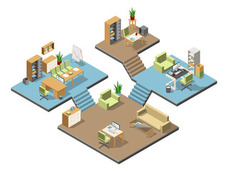 Different isometric modern offices with furniture. Several floors in business center. Vector illustration set
