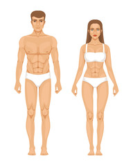 Model of sporty man and woman standing front view. Different body parts. Vector illustration
