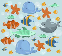 Fish ocean Summer pattern. Blue color Vector