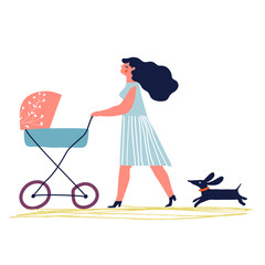 Mother with baby in stroller. Young mother with baby carriage walking with dog. Creative vector illustration. - 159706287