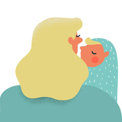 Mother holding and kissing the newborn child. Motherhood concept. Happy woman in blue dress with baby. Creative vector illustration. Happy Mom's day illustration. - 159706453