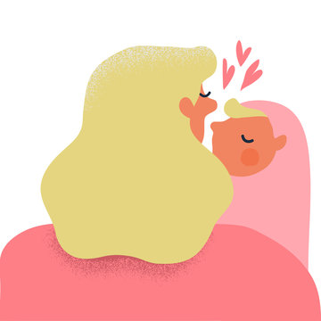 Mother holding and kissing the newborn child. Motherhood concept. Happy woman in blue dress with baby. Creative vector illustration. Happy Mom's day illustration.