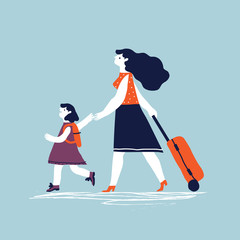 Woman with a luggage bag and with child going on vacation. Vector creative illustration. - 159707030