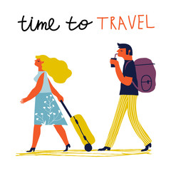 Couple traveling together. Creative vector concept with lettering 