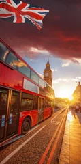 Foto op Aluminium Double decker bus against Big Ben with colorful sunset in London, England, UK © Tomas Marek