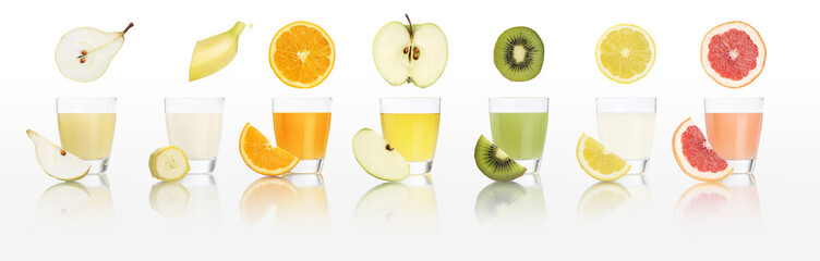 fruits juice glasses  isolated on white background, diet concept and panorama web banner