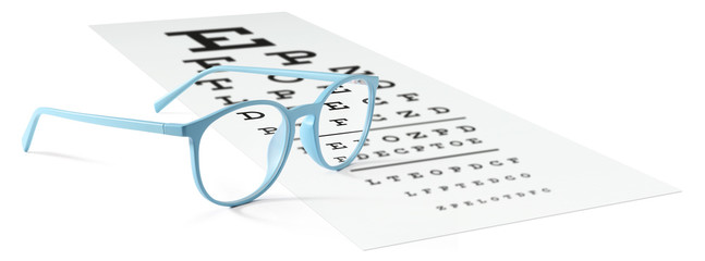 blue eyeglasses on visual test chart isolated on white. Eyesight concept