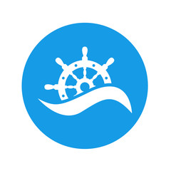Icono plano timon con ola en circulo azul