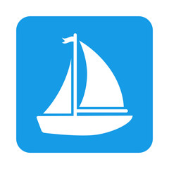 Icono plano velero con banderin en cuadrado azul