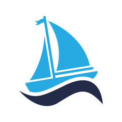 Icono plano velero con ola en fondo blanco
