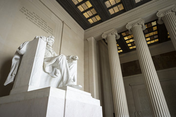 Interior view of the Abraham Lincoln Memorial in Washington DC with decorative columns