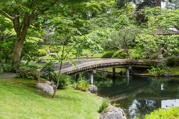 Fototapeta na wymiar Bridge Over Green Pond in Garden