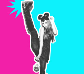 Funny girl represents a small cat or mouse. Woman with a bright makeup hairstyle and night dress mouse ears having fun. On white background not isolated
