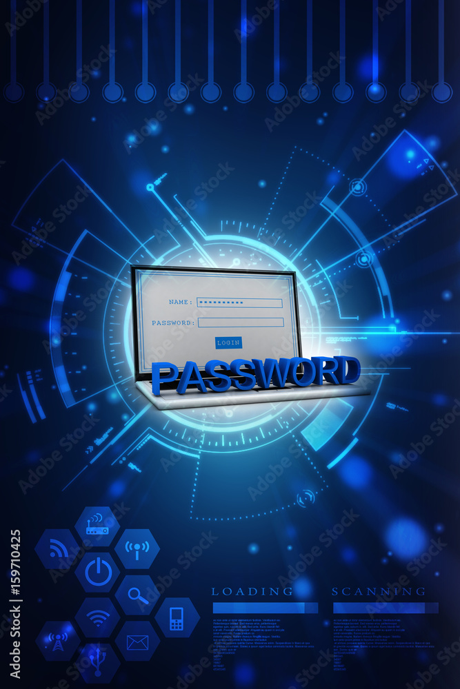 Poster 3d rendering laptop with password text