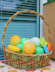 Plastic fruits in basket, Kids toy.