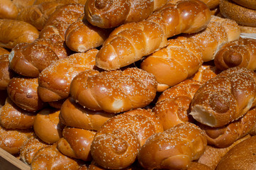 Bakery products on the market. Top view. Close-up