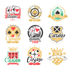 Casino logo design, set of colorful gambling emblems, labels, badges, vector Illustrations