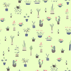 Seamless pattern with house plants in pots. Vector background illustration on green background.
