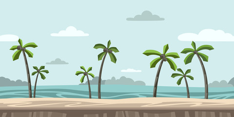 Obraz premium Seamless unending background for arcade game or animation. Sandy beach with palm trees and clouds in the blue sky. Vector illustration, parallax ready.