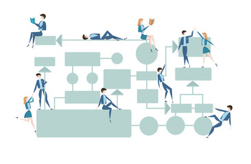 Business flowchart, process management diagram with businessmans and businesswomans characters. Vector illustration, isolated on white background.