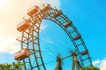 Giant Ferris Wheel against blue sky in Vienna, Austria