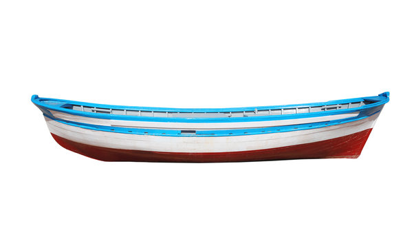 Fototapeta Wooden painted boat isolated on a white background
