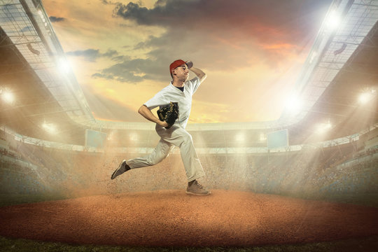 Baseball players in action on the stadium.