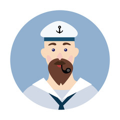 Portrait of a bearded sailor with Smoking pipe in his mouth. Vector illustration, isolated on white background.
