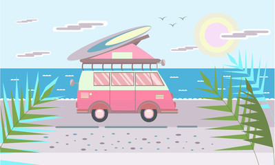 Pink mini van with surf Board on the roof on the sea beach. Vector illustration in flat style.