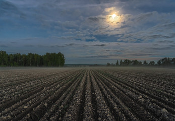 Full moon over spring field. Central Russia