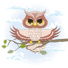 cartoon owl sitting on a branch with open wings. vector illustration