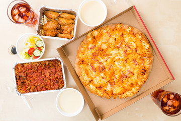 Top view of eating pizza take away