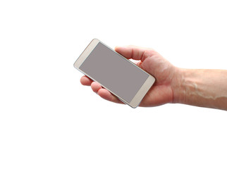 Hand offering phone isolated on white background, arm, gray screen for text
