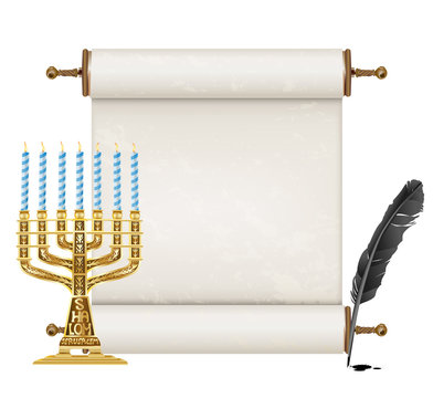 black feather, golden menorah and ancient jewish scroll on white
