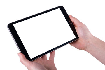 Tablet in women hands on a white backgrounds - 159716690