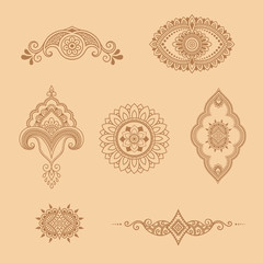 Henna tattoo flower template. Mehndi style. Set of ornamental patterns in the oriental style.