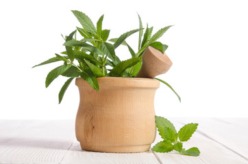 Fresh green mint in wooden mortar on white wooden table