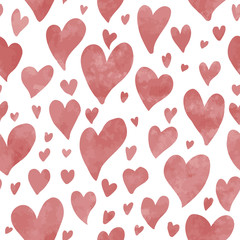 Seamless hand drawn hearts pattern in red watercolor effect.