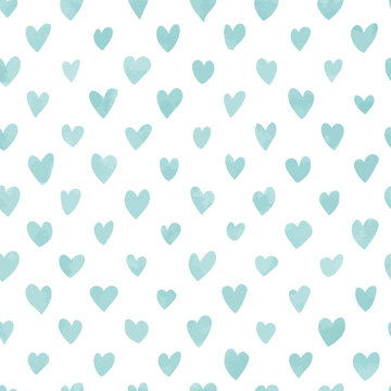 Seamless hand drawn hearts pattern in blue watercolor effect. Perfect for background, fabrics, clothing, websites.