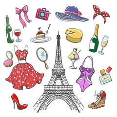 Colorful paris fashion sketch collection. Woman hand drawn fashionable accessoriesfor girls travel and shopping isolated on white background. Vector illustration