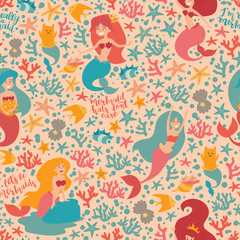 Fototapeta na wymiar Mermaids girls vector seamless pattern. Cute cartoon background with little mermaid; shell. Fish; cat mermaid; corals and calligraphy inspirational text. Under the sea cartoon style; light colors