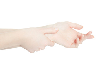 Young woman with carpal tunnel syndrome, wrist pain on white, clipping path